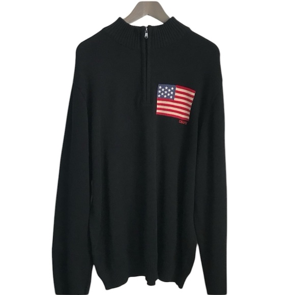 CHAPS Big Men's 2XL Black & Red USA Flag Thick 100% Cotton 1/4 Zip Sweater NWT - Picture 2 of 16